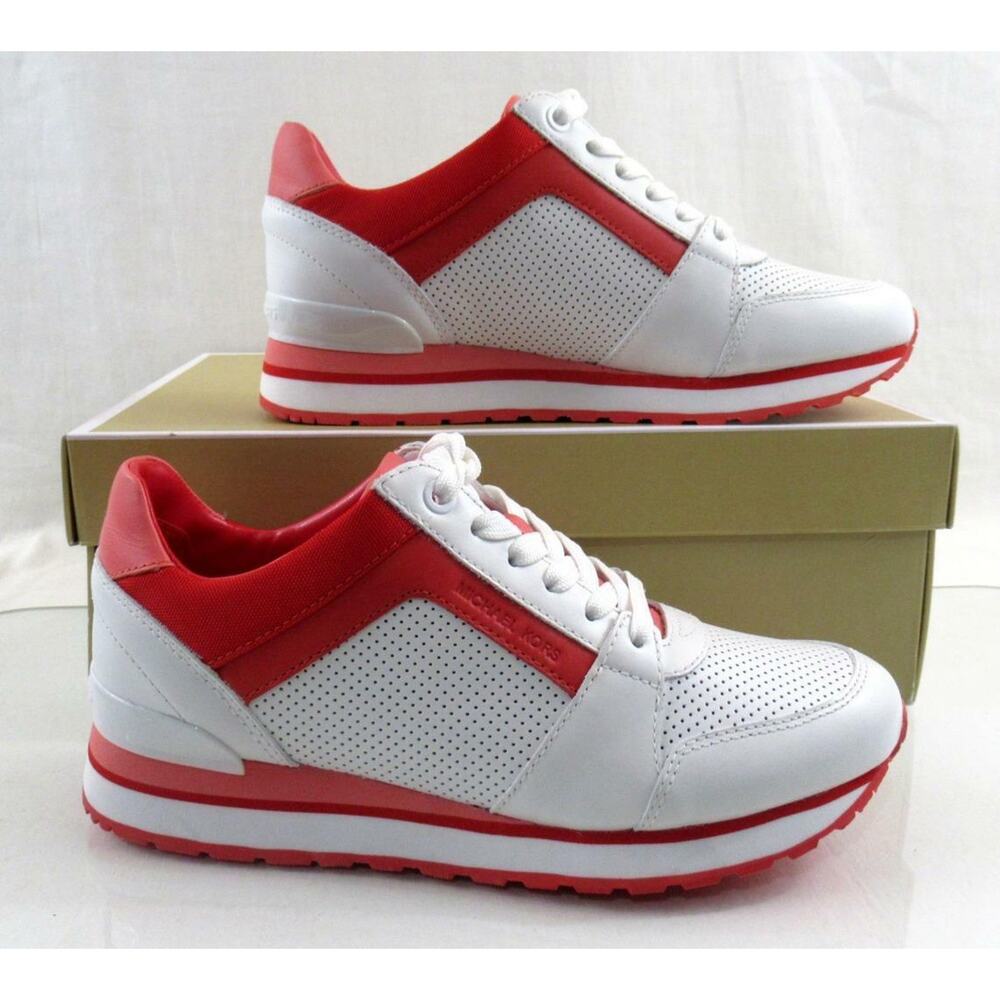 Michael Kors Billie Trainer Lace Up Sneakers Grapefruit White Red Pink Size 7 - Picture 3 of 9